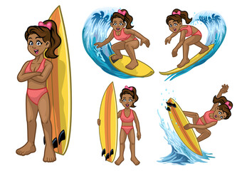 set of black young surfer girl - obrazy, fototapety, plakaty