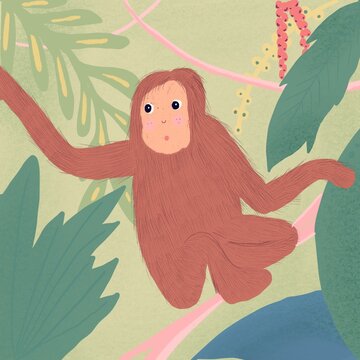 Illustration Of A Monkey Swinging From Forest Leaves
