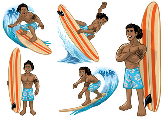 set cartoon hawaiian man surfer