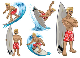 set of cartoon muscle white surfing man