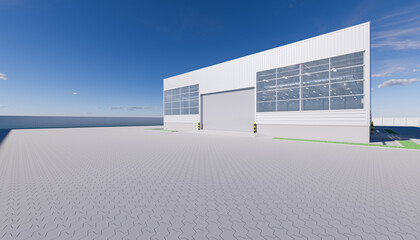 Fototapeta na wymiar Industrial or commercial building exterior. Use as factory, warehouse, hangar, store and workplace. Safety and protection with security door, roller door, roller shutter or overhead door. 3d render.