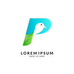 Bird + p initial letter logo vector, simple flat design style, modern flying bird icon/symbol