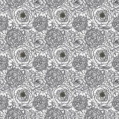 Seamless pattern with roses flower hand drawn in lines. Black and white monochrome graphic doodle elements. Isolated vector illustration, template for design