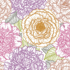 Seamless pattern with roses flower hand drawn in lines. Vector illustration, template for design