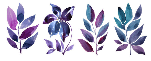 Set watercolor hand-drawn purple and blue abstract flower and branch with leaves isolated on white background. Art creative nature object for card, wrapping, textile, wallpaper, florist