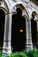Cloister temple, gothic style church in New York. Cloister museum in Manhattan. Beautiful arcade entrance, old stone temple. 