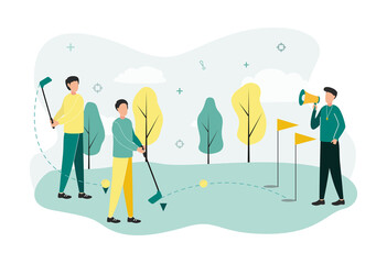 Golf illustration. Golf players with clubs in their hands are trained by a man with a shout in his hands on a golf course with flagpoles and trees.