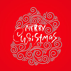 Hand drawn phrase Merry Christmas on red background. Modern dry brush lettering design with white ornament. Vector typography illustration.