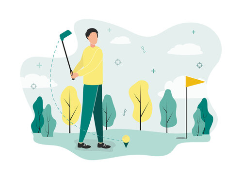 Golf illustration. A golfer stands on a field in front of a golf ball on a stand, holds a club in his hands and waves, against the background of a flagpole, trees, clouds