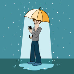 The man looking at smart phone under the umbrella in the rain.