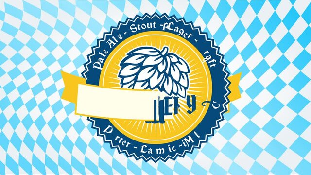 craft beer brewery house with hop branch graphic on celtic emblem over blue and white squares background