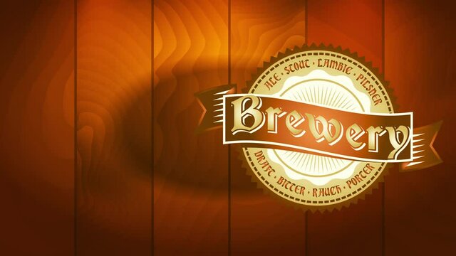 distillery ad selling craftsmanship beer with retro fancy icon with curve form and lined medal over shiny wooden background