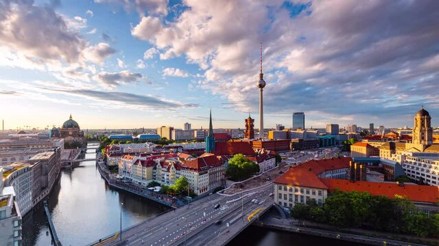 Day to Night Time Lapse of Berlin cityscape with spree river, Berlin, Germany