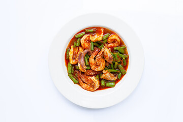 Spicy stir fried seafood and yard long bean with red curry paste. Thai food