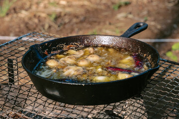 キャンプの楽しみ焚き火の癒しと簡単アヒージョ,ダッチオーブン, スキレット, 