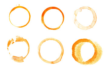 Set of Brown coffee or tea stain rings isolated on white background.