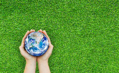 Ecology and Environment Concept : Top view of Hand holding blue planet earth over green grass....