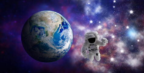 Astronaut floating in space with blurry image of blue planet earth in background. (Elements of this image furnished by NASA.)