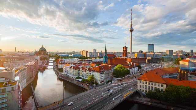 Day to Night Time Lapse of Berlin cityscape with spree river, Berlin, Germany