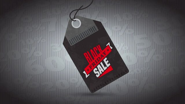 black friday sale publicity with red and dark tag graphic hanging over pattern background with discount percentage numbers