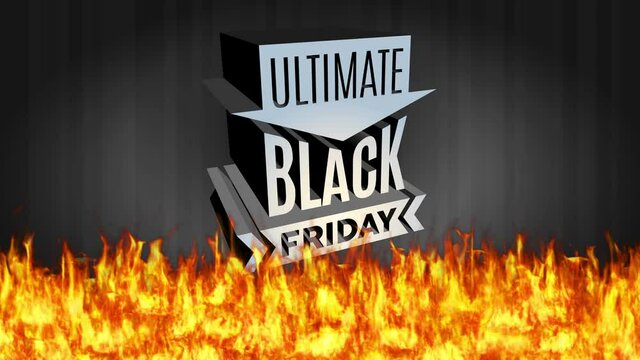 black friday ultimate hot sale with 3d silver steel figure over dark background with flames below