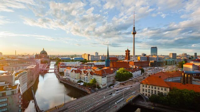 Golden Hour Time Lapse of Berlin cityscape with spree river, Berlin, Germany