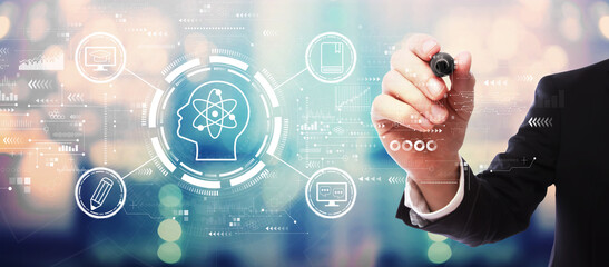 Online education concept with businessman on blurred abstract background