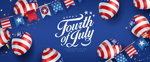 Independence day USA banner template american balloons flag and flags Garlands decor.4th of July celebration poster template.fourth of july vector illustration .