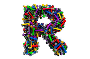 Letter R from colored AA batteries, 3D rendering
