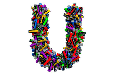Letter U from colored AA batteries, 3D rendering