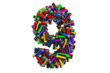 Number 9 from colored AA batteries, 3D rendering