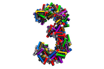 Number 3 from colored AA batteries, 3D rendering