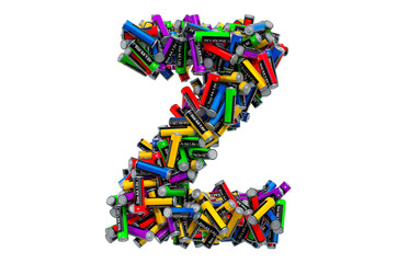 Letter Z from colored AA batteries, 3D rendering