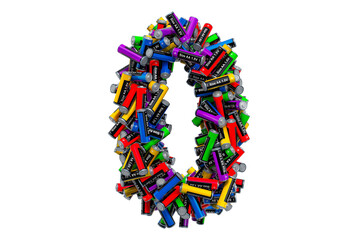 Number 0 from colored AA batteries, 3D rendering