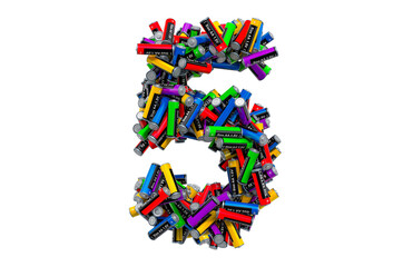 Number 5 from colored AA batteries, 3D rendering