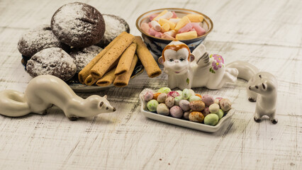 sweet tender cookies with coffee and decoration with old vintage figurines