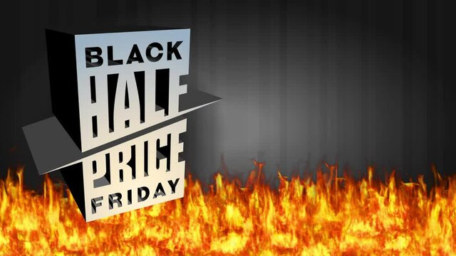 piece cost discount ad for black friday with silver 3d crate with large writing burning on flames