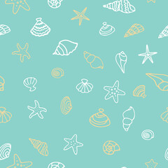 Pattern of seabed with seashells, starfish, coral, seaweed. Vector illustration. Hand drawn doodles.