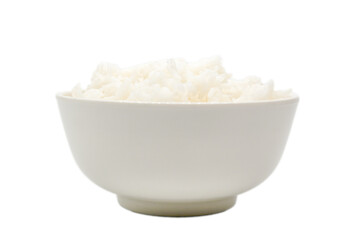 Cooked steamed organic rice in white bowl top view isolated on white background