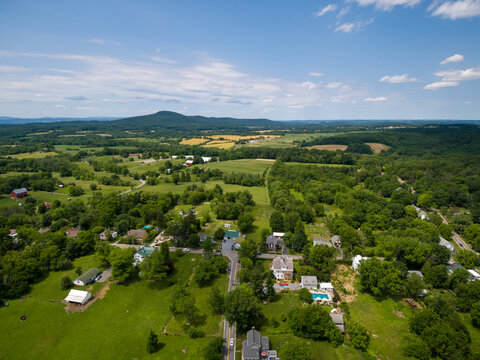 Aerial view of Barnesville, Montgomery County, Maryland. Barnesville was chartered in 1811. Sugarloaf Mountain is on the horizon.