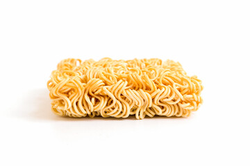 Raw food of crispy instant noodles on white background
