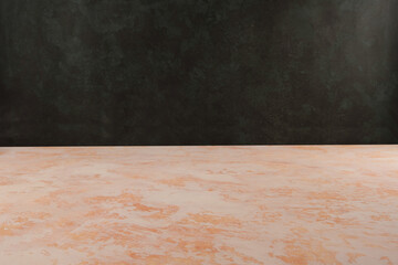 Image of textural table in front of abstract blurred background. Empty textural table platform over background for present product. Copy space.