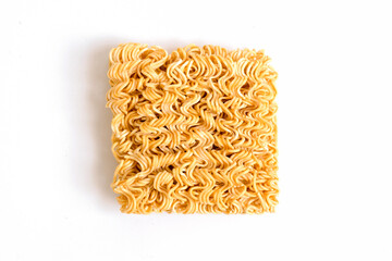 Raw food of crispy instant noodles on white background