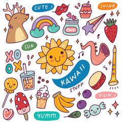 Set of Kawaii Icons, Cute Sticker Collection, Fashion Patches Design 