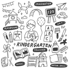 Kindergarten school equipment in doodle style illustration