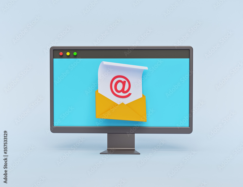 Poster email icon on computer monitor. minimal design. 3d rendering