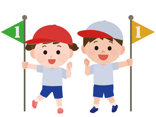 運動会　等旗を持つ　男女　イラスト
