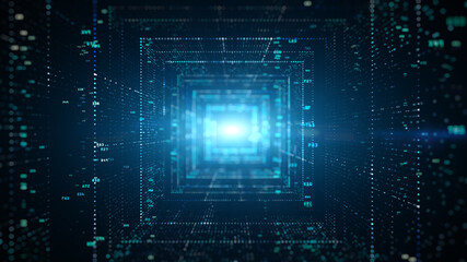 Digital tunnel of cyberspace with particles and Digital data, Technology network connections background concept.