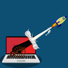  The concept starts with a rocket flying out of a laptop screen and a cannon