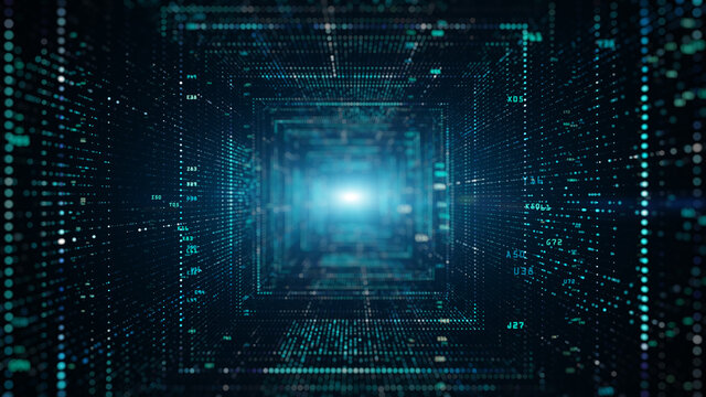 Digital tunnel of cyberspace with particles and Digital data, Technology network connections background concept.